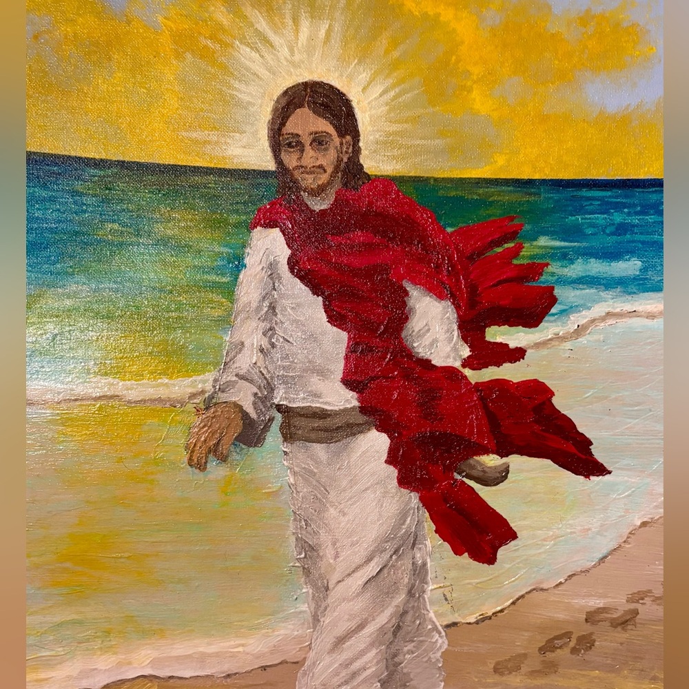 Beach Walk Painting with Red and White Accents